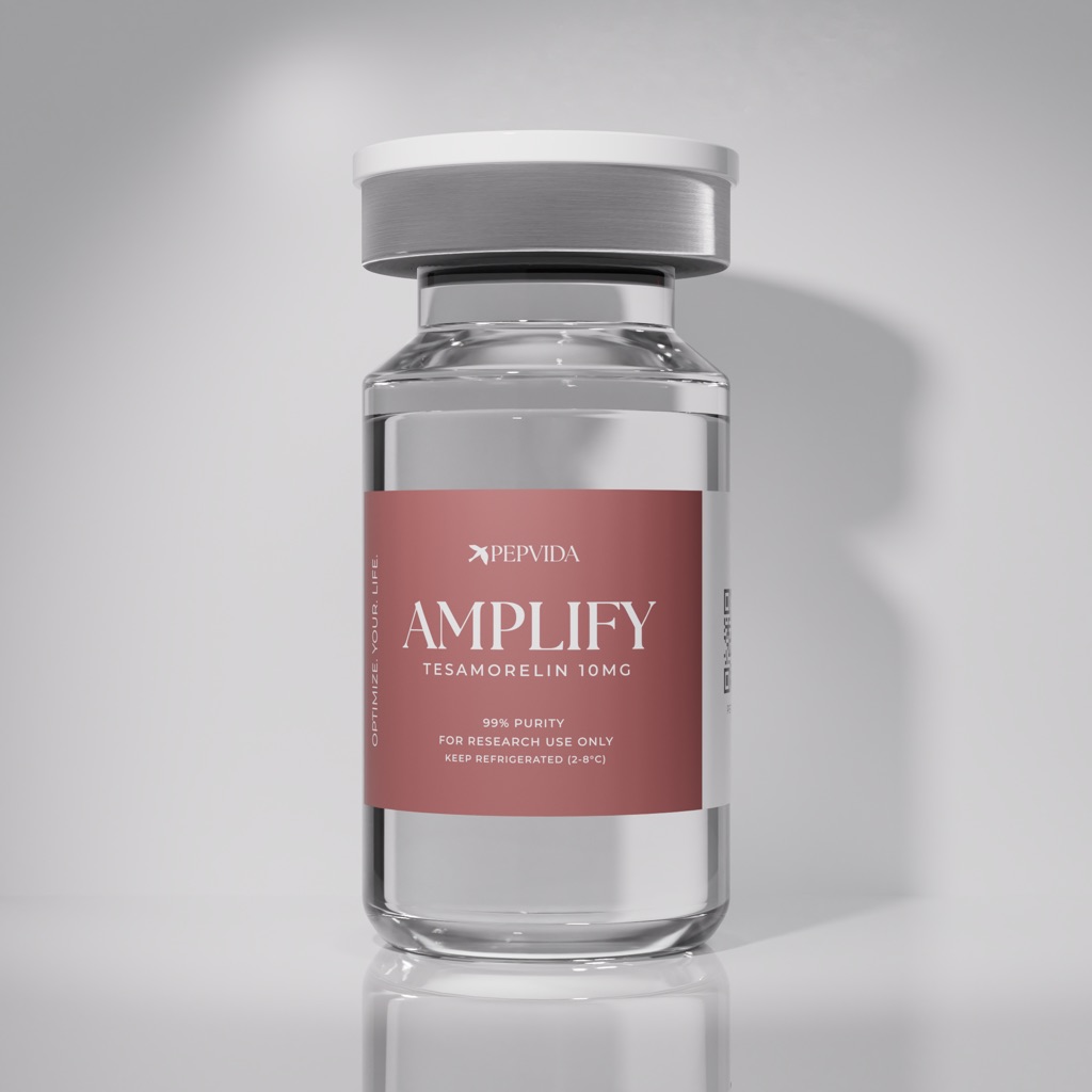 AMPLIFY (Tesamorelin 10mg) vial on a grey studio background