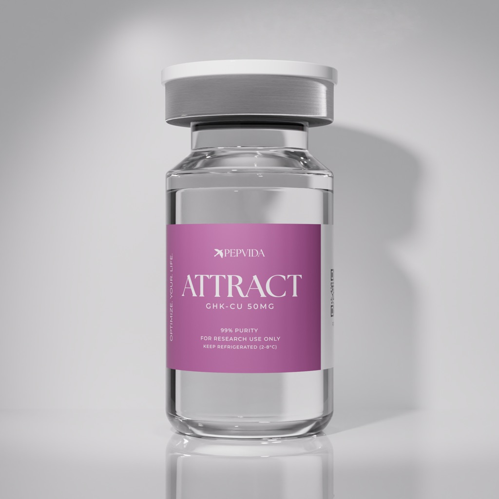 ATTRACT (GHK-Cu 50mg) vial on a grey studio background