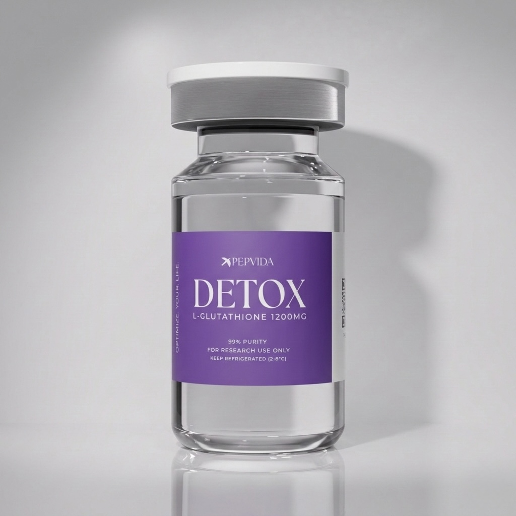DETOX (L-Glutathione 1200mg) vial on a grey studio background