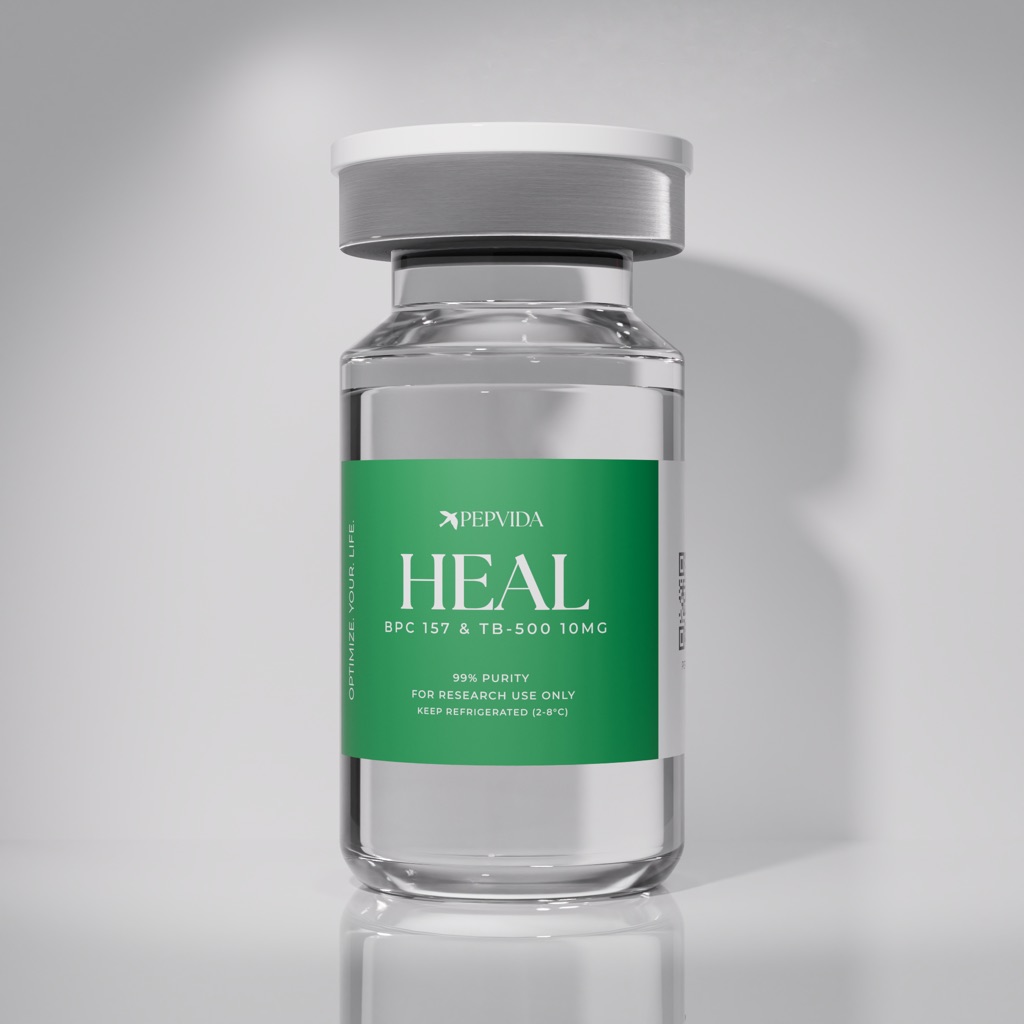 HEAL (BPC-157+TB-500 10mg) vial on a grey studio background