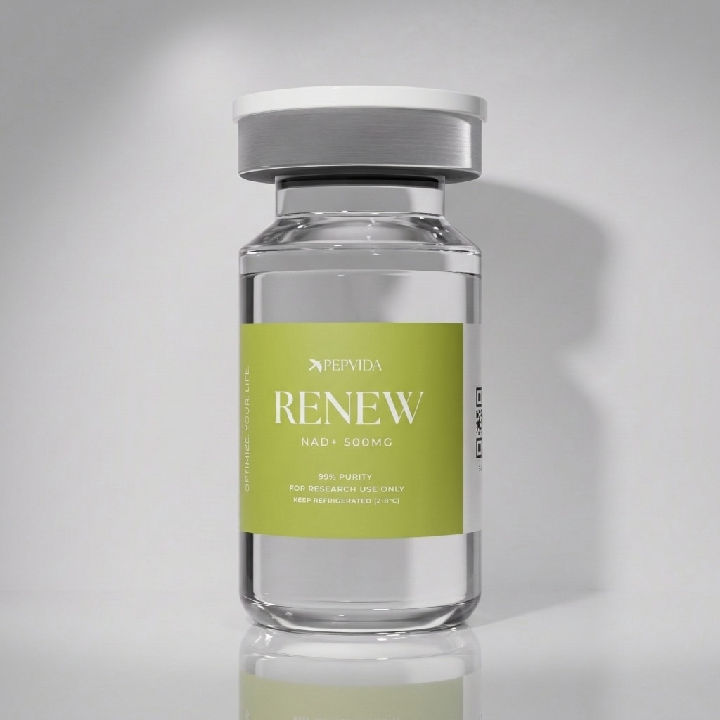 RENEW (NAD+ 500mg) vial on a grey studio background