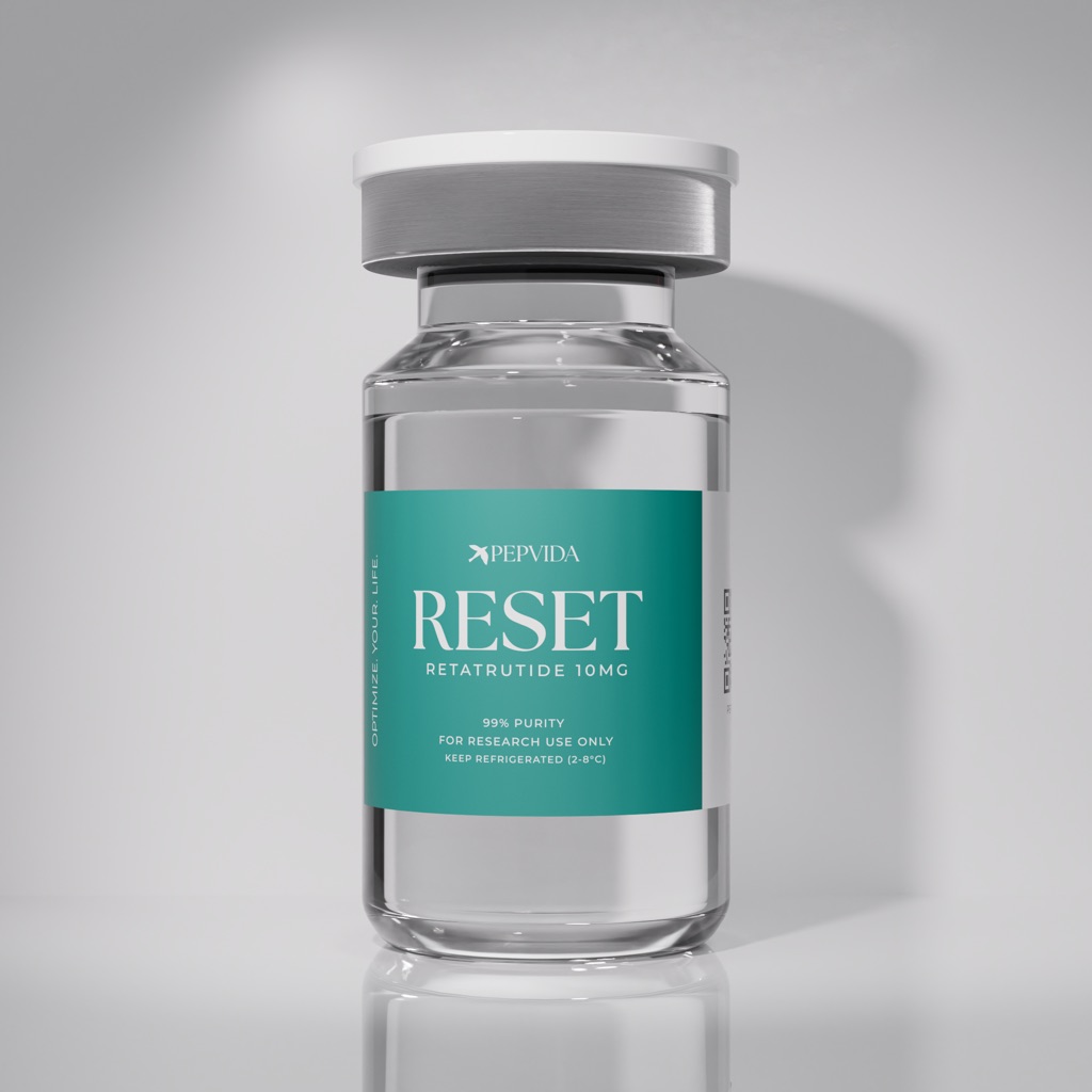 RESET (Retatrutide 10mg) vial on a grey studio background