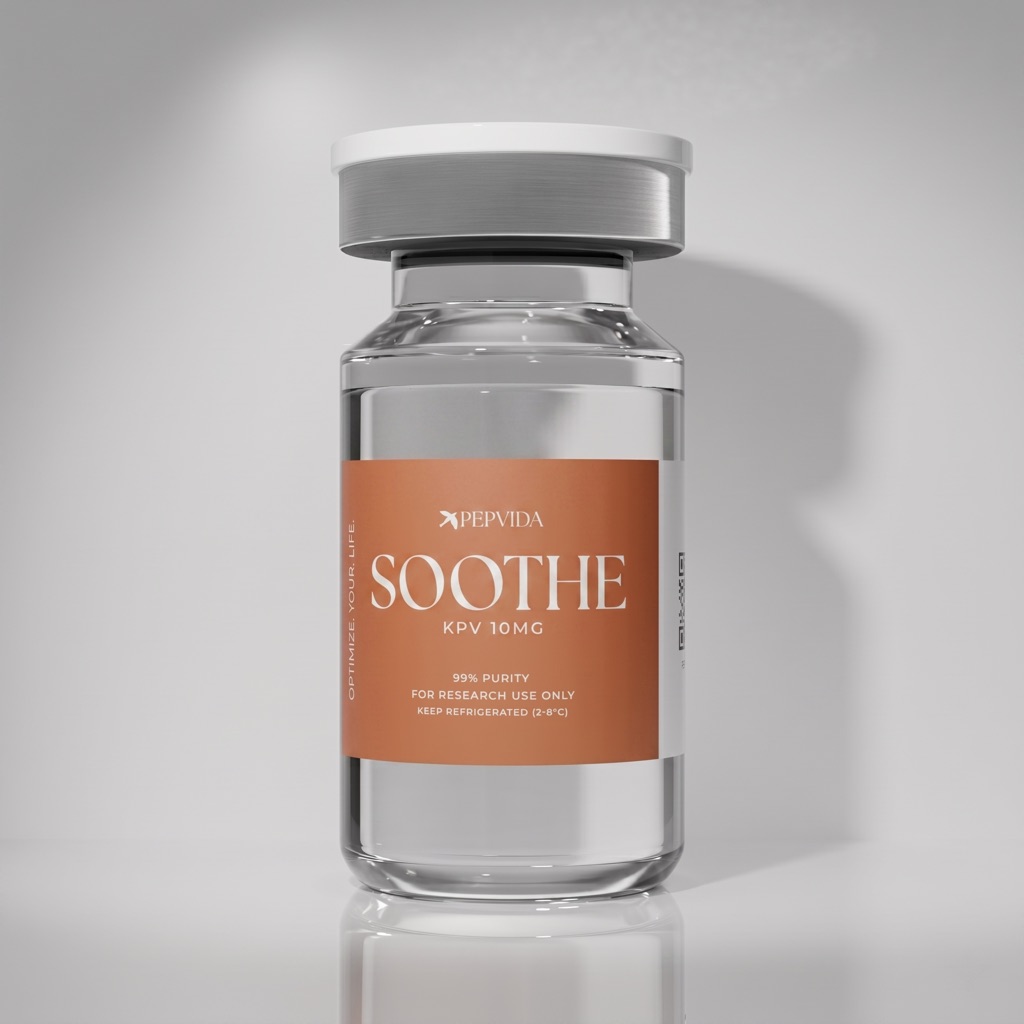 SOOTHE (KPV 10mg) vial on a grey studio background